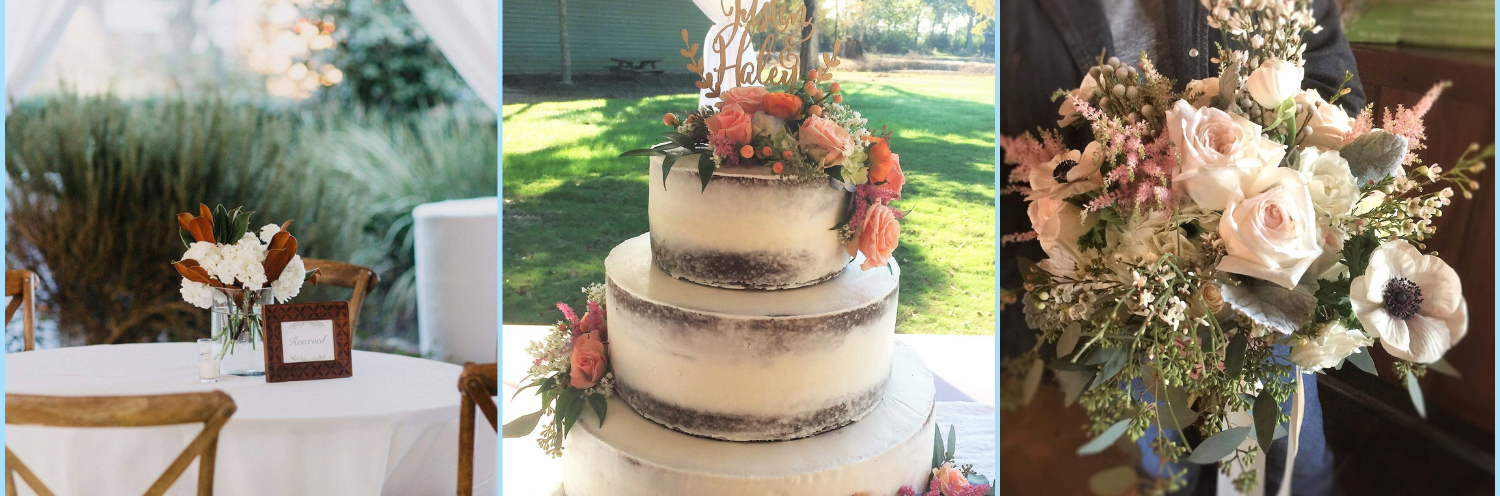 Table centerpiece, wedding cake, and bouquet