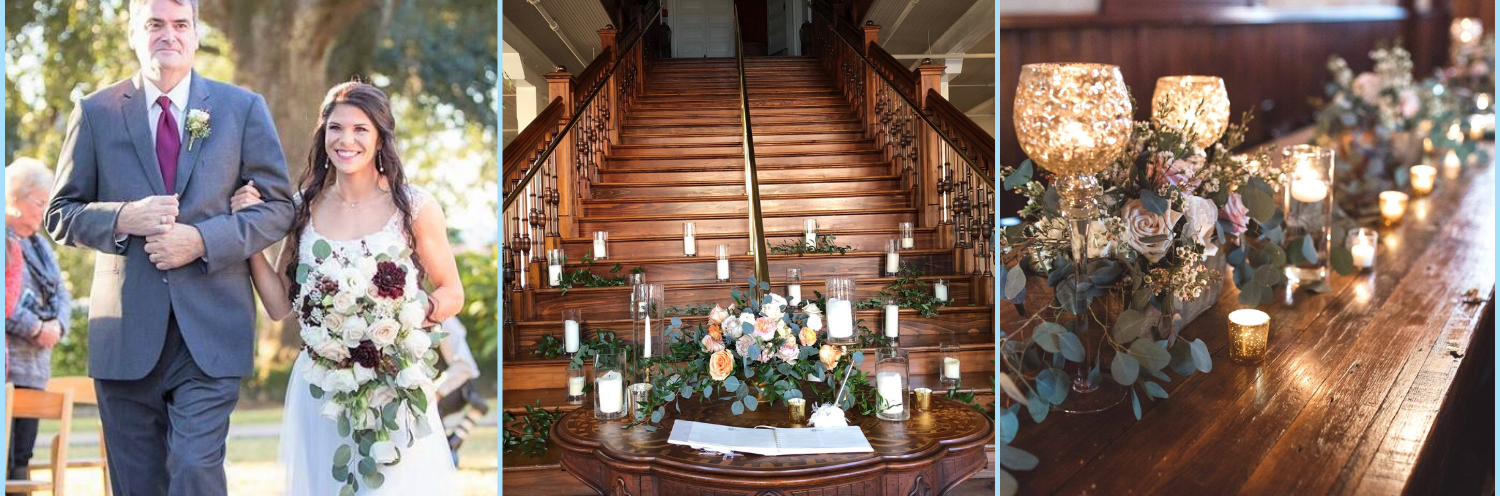 bride with father and bouquet, stairs with floral arrangement, countertop with candles and flowers